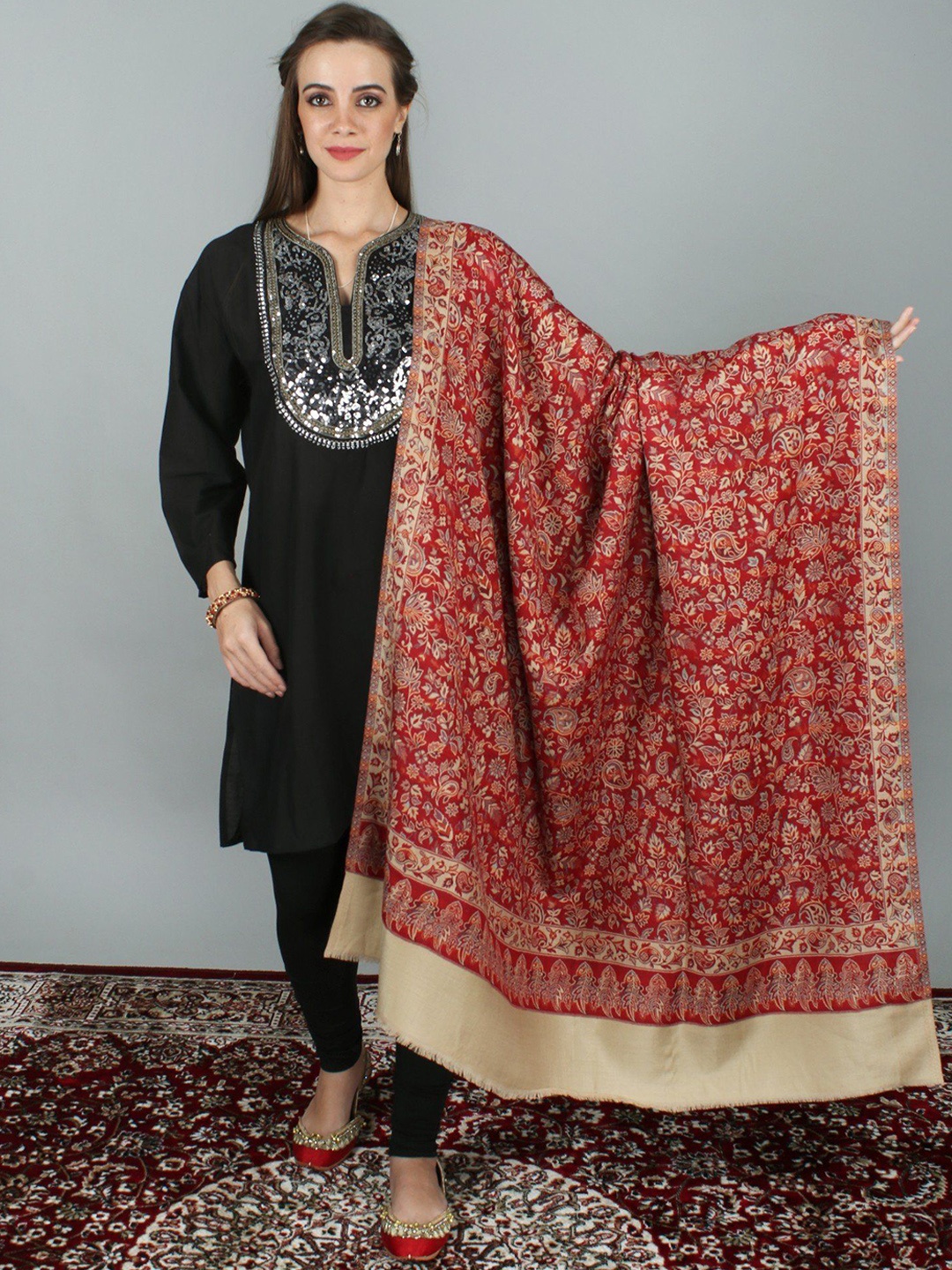 

Exotic India Marzipan Woolen Jamawar Shawl with Woven Paisley and Flower Motifs, Maroon