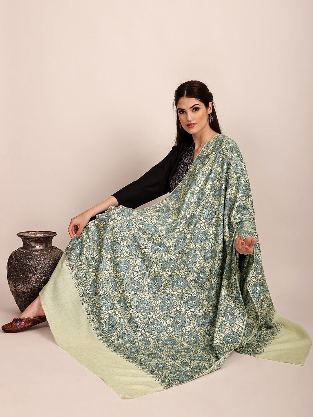 

Exotic India Women Paisley Embroidered Kashmir Shawl, Yellow