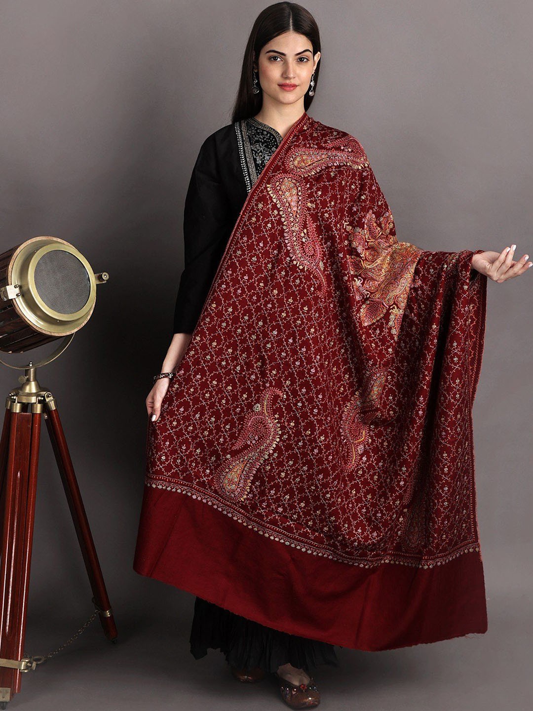 

Exotic India Paisley Embroidered Pure Woollen Shawl, Maroon
