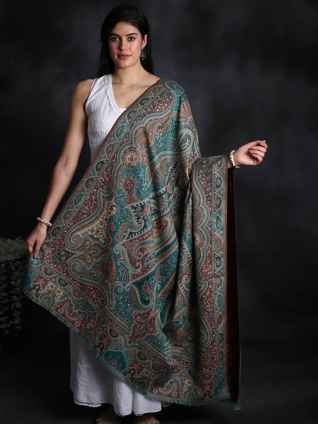 

Exotic India Turquoise Clay Woolen Jamawar Shawl with Woven Paisley and Flower Motif, Turquoise blue