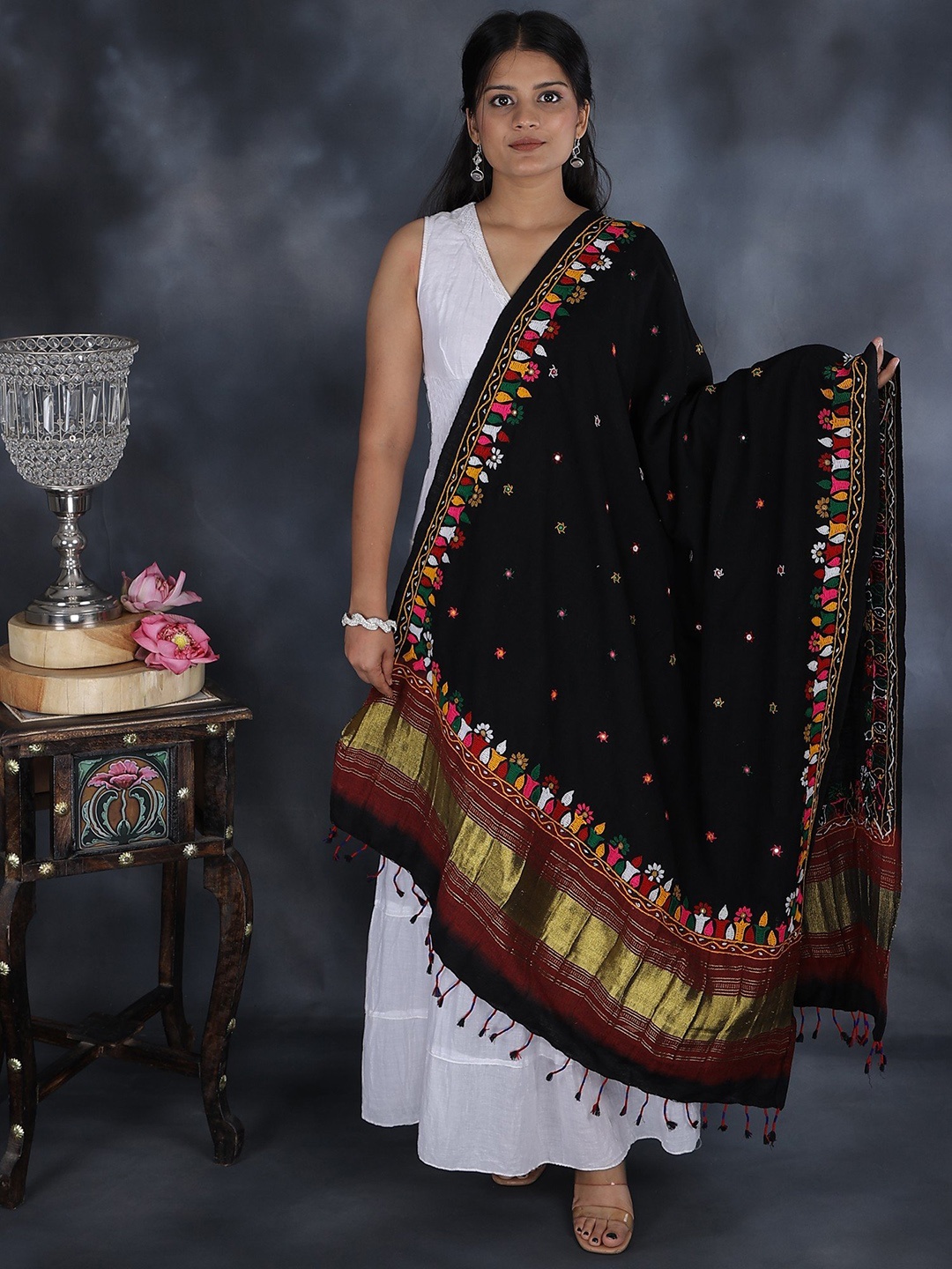 

Exotic India Ethnic Motifs Kutch Embroidered Mirror Work Shawl, Black