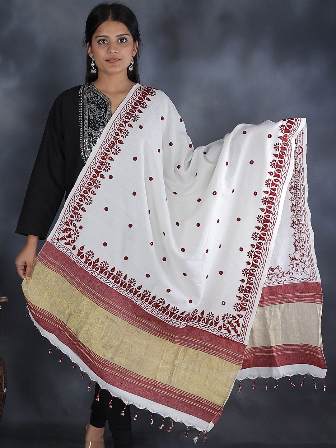 

Exotic India Wool Shawl with Mirror Embroidered Multicolor Bootis, White