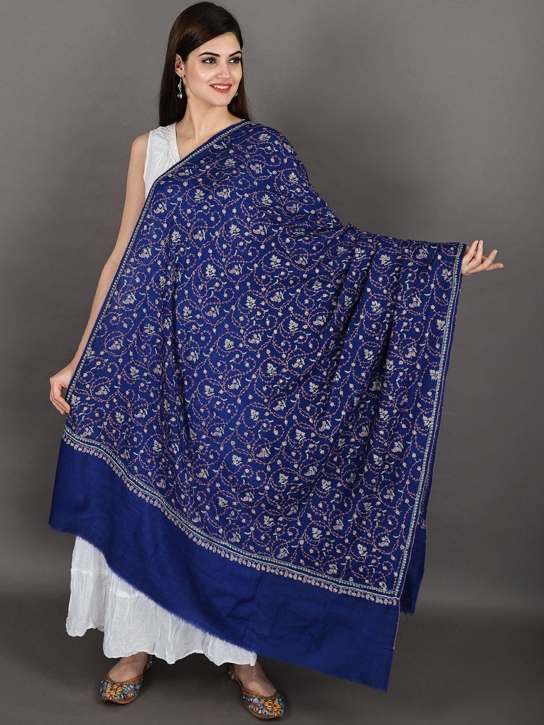 

Exotic India Paisley Embroidered Pashmina Shawl, Blue