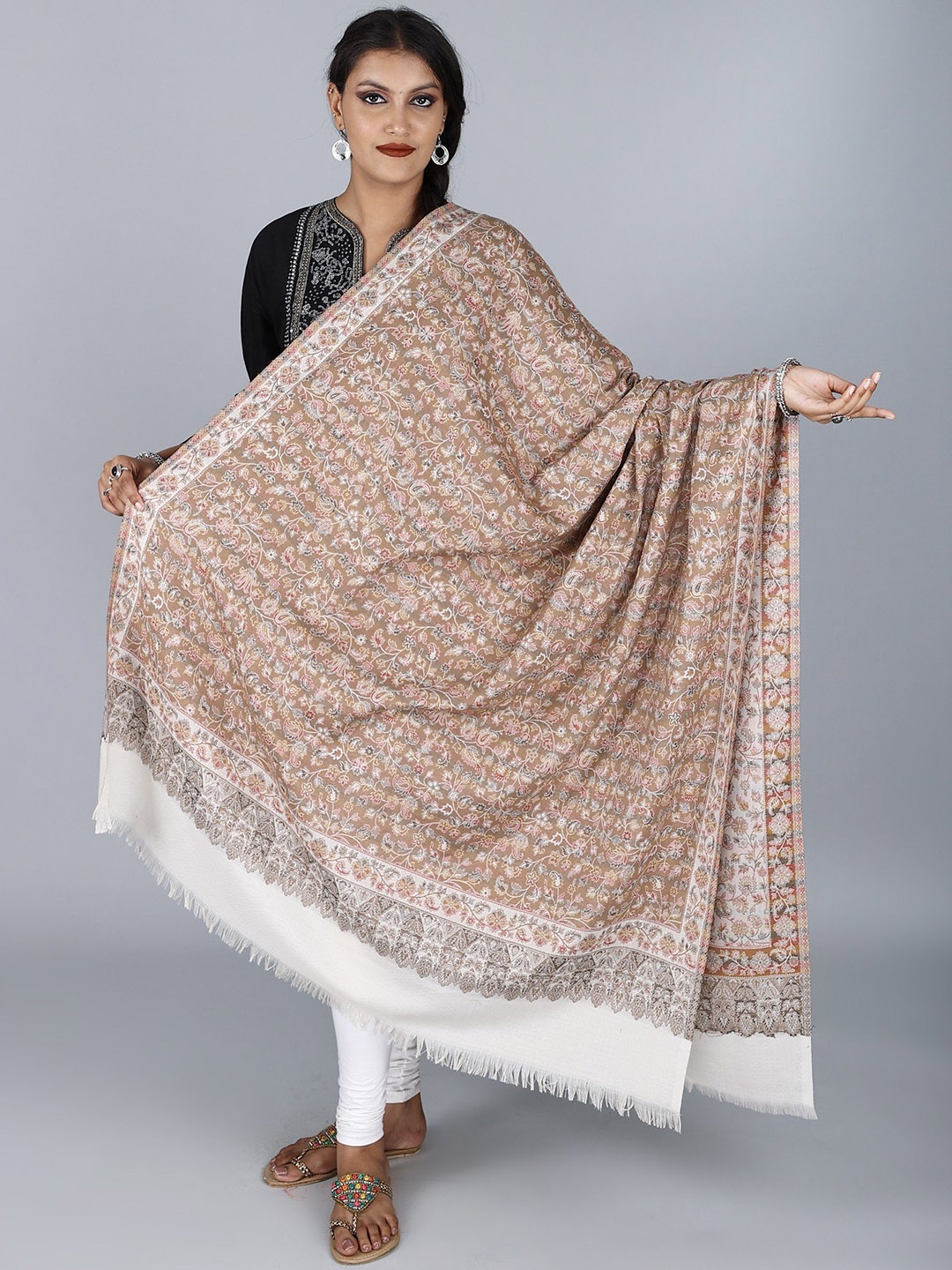 

Exotic India Women Ethnic Motifs Printed Woollen Shawl, Beige