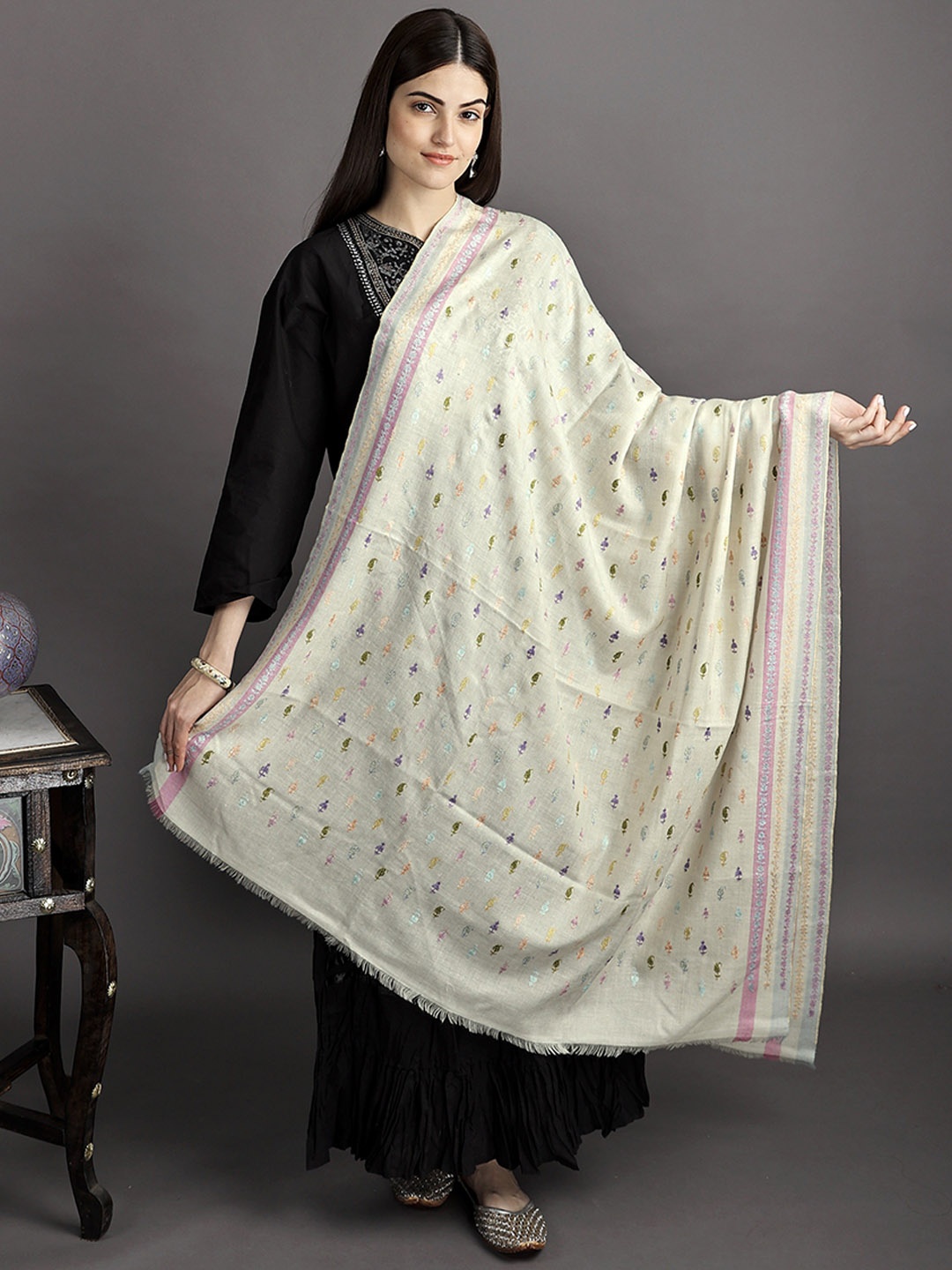 

Exotic India Women Ethnic Motifs Printed Shawl, White