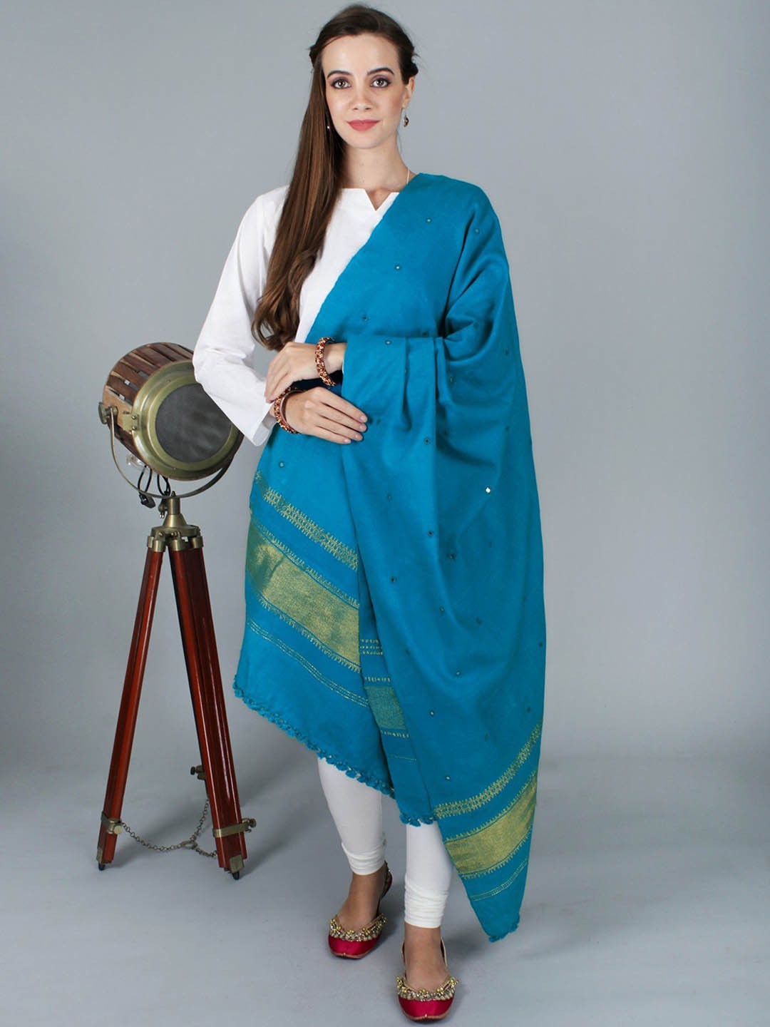 

Exotic India Geometric Embroidered Mirror Work Zari Pure Woollen Shawl, Blue
