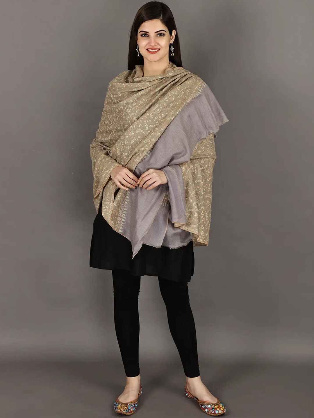 

Exotic India Floral Embroidered Pure Pashmina Shawl, Tan