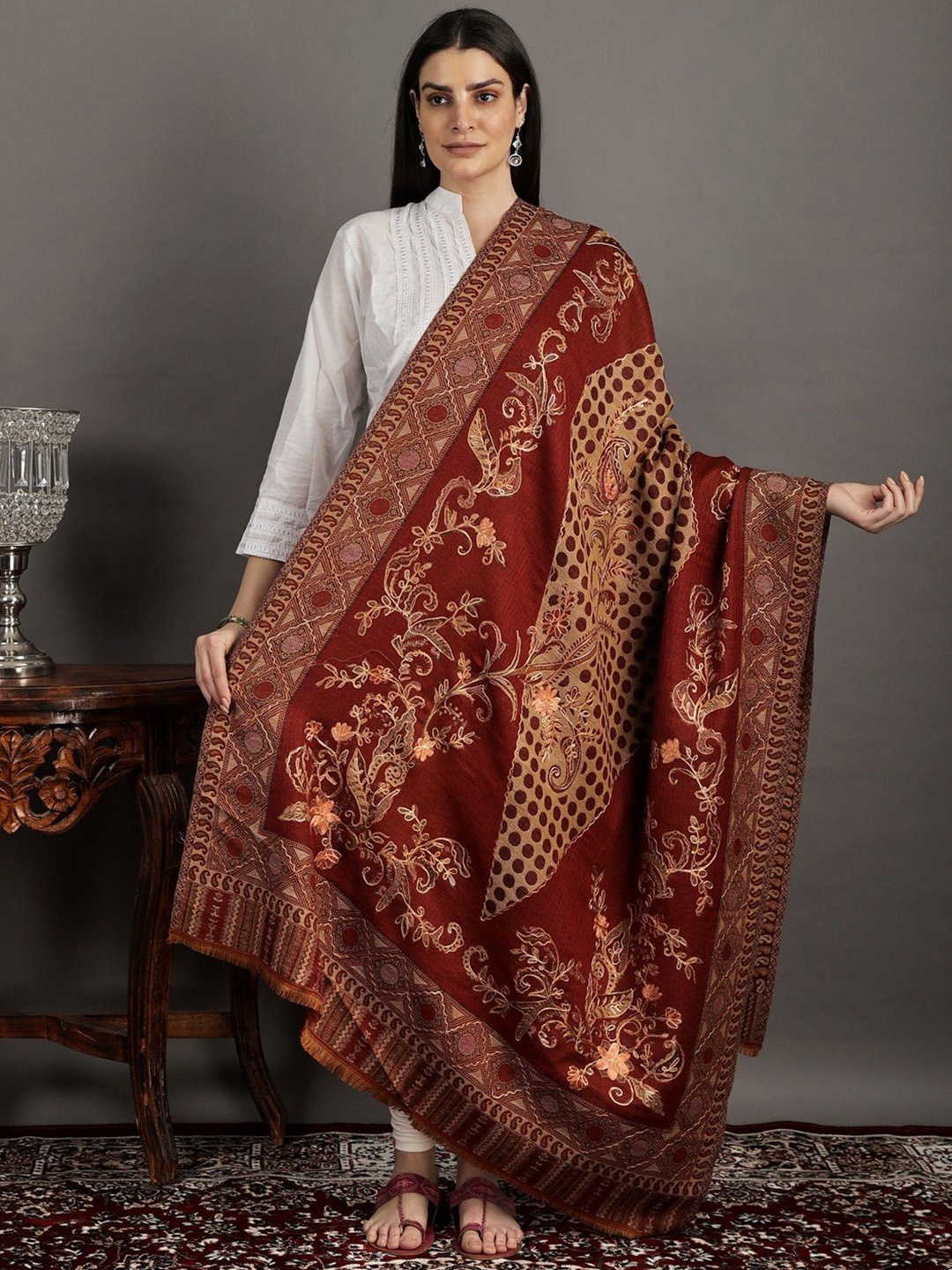 

Exotic India Karanda Red Jamawar Wool Shawl with Aari Embroidery and Flowers