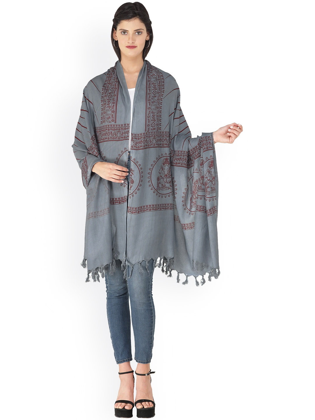 

Exotic India Ethnic Motifs Printed Banarasi Silk Shawl, Grey