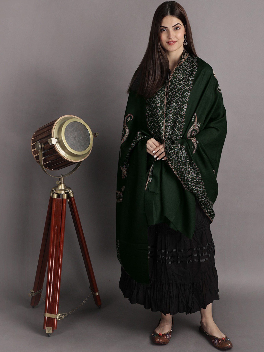 

Exotic India Floral Sozni Embroidered Pure Woollen Shawl, Green