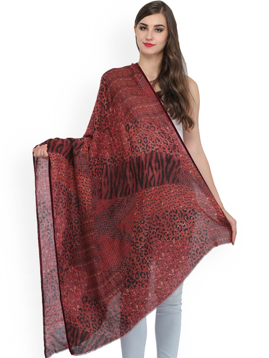 

Exotic India Fired Brick Shawl with Leopard-Tiger and Abstract Digital Print Placement, Black