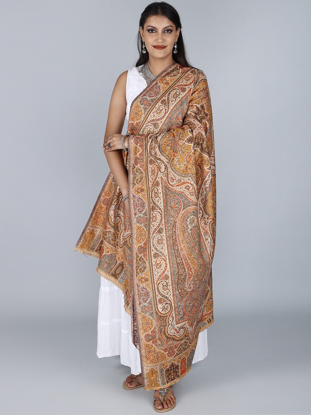 

Exotic India Wildflower Clay Woolen Jamawar Shawl with Woven Paisley and Flower Motif, Gold