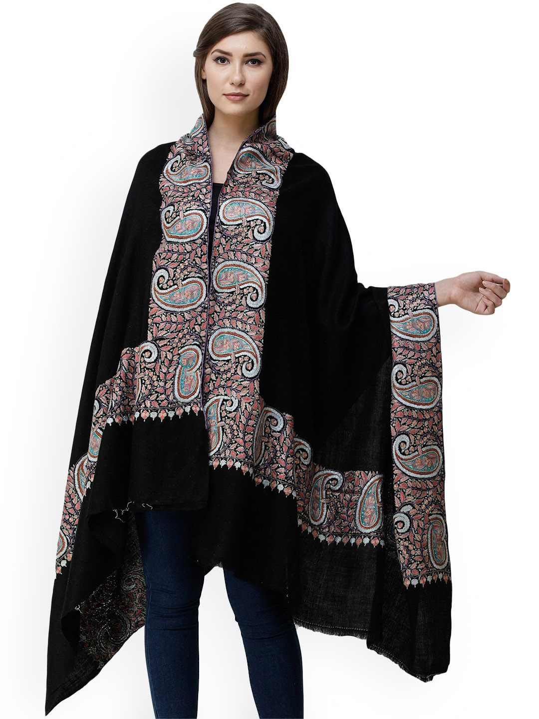 

Exotic India Women Paisley Embroidered Pashmina Shawl, Black