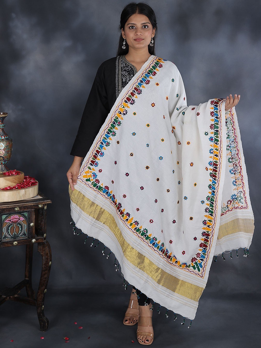 

Exotic India Wool Shawl with Mirror Embroidered Multicolor Bootis, White