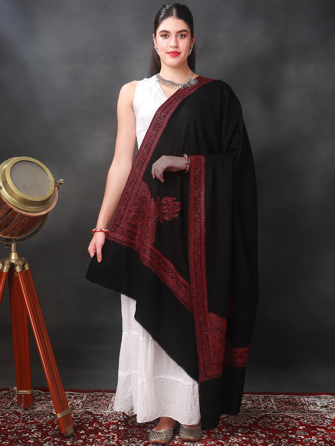 

Exotic India Women Paisley Embroidered Woollen Shawl, Black