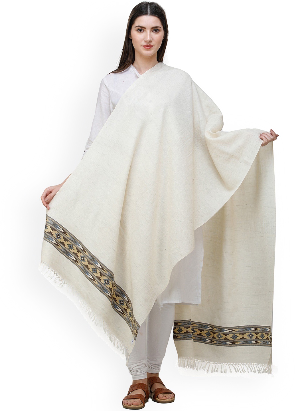 

Exotic India Banana Cream Shawl with Kinnauri Woven Border in Multicolor Thread