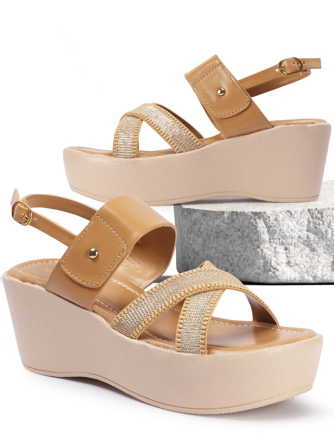 

VENDOZ Open Toe Wedge Heel Sandals, Beige