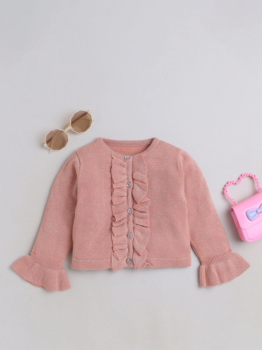 

Yellow Apple Girls Round Neck Long Sleeves Cardigan Sweater, Peach