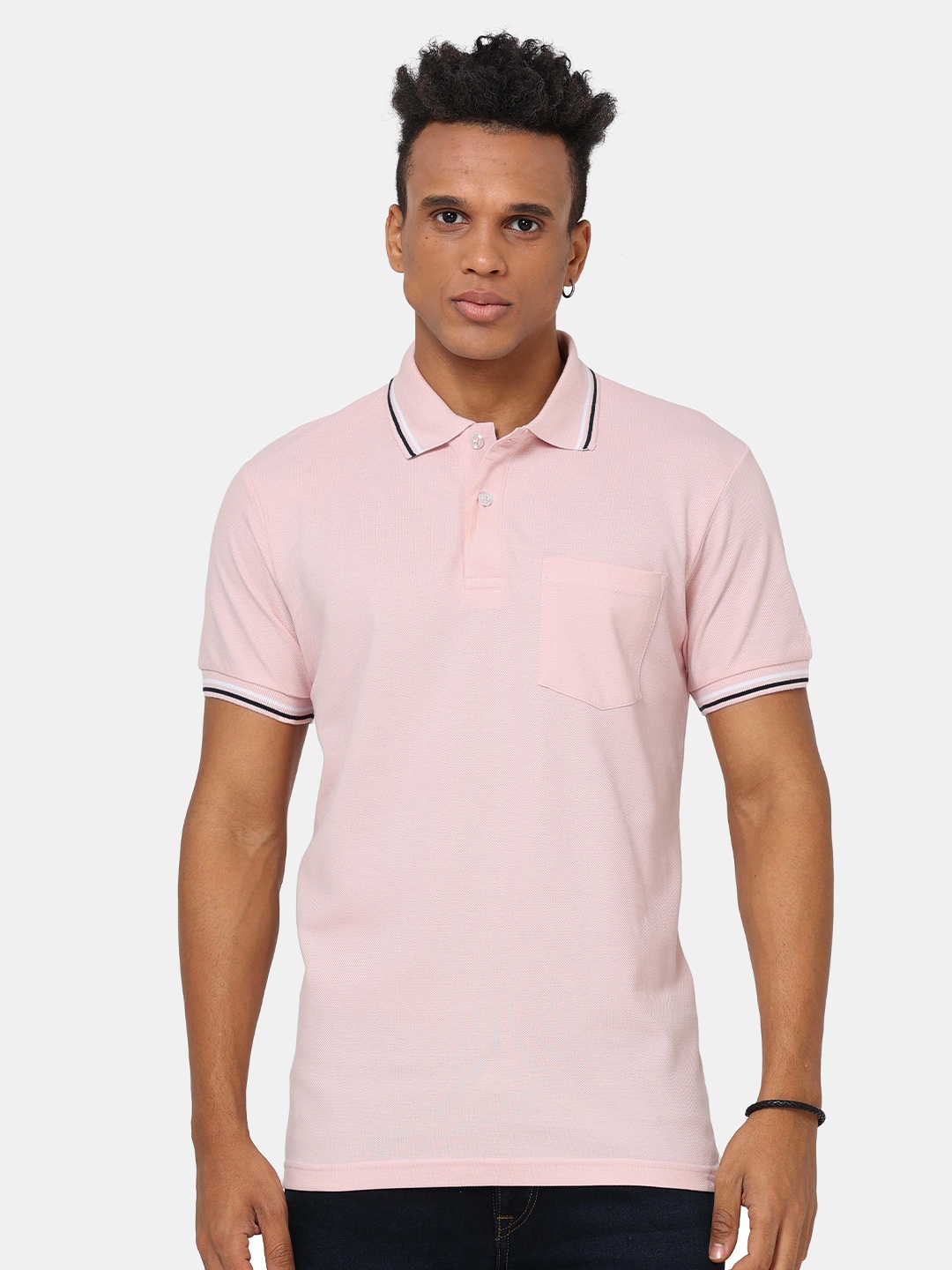 

Masculino Latino Plus Men Polo Collar Solid Pockets T-shirt, Pink