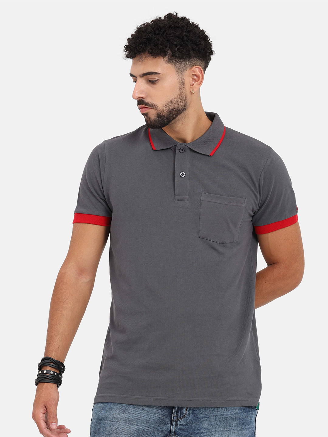 

Masculino Latino Plus Men Polo Collar Solid Pockets T-shirt, Grey