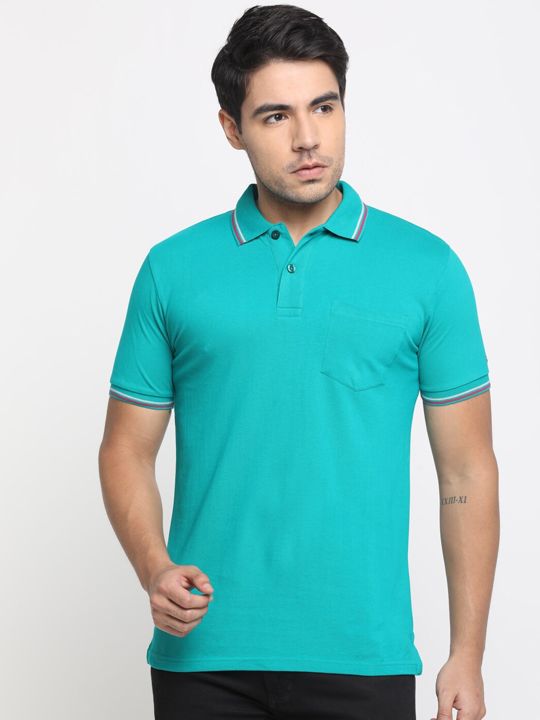 

Masculino Latino Plus Men Polo Collar Solid Pockets T-shirt, Teal