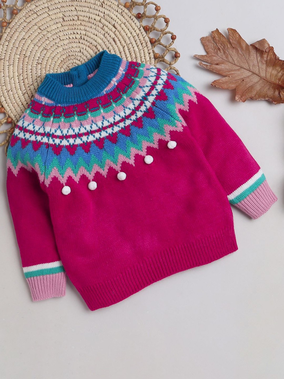 

Yellow Apple Girls Geometric Printed Embellished Woollen Pullover Sweater, Fuchsia