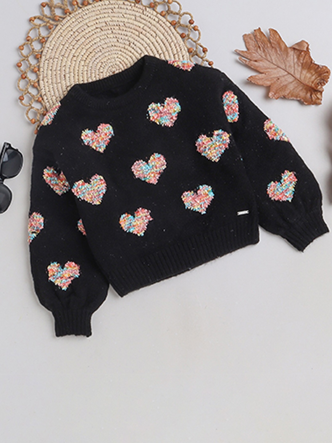 

Yellow Apple Girls Conversational Embroidered Embellished Woollen Pullover Sweater, Black