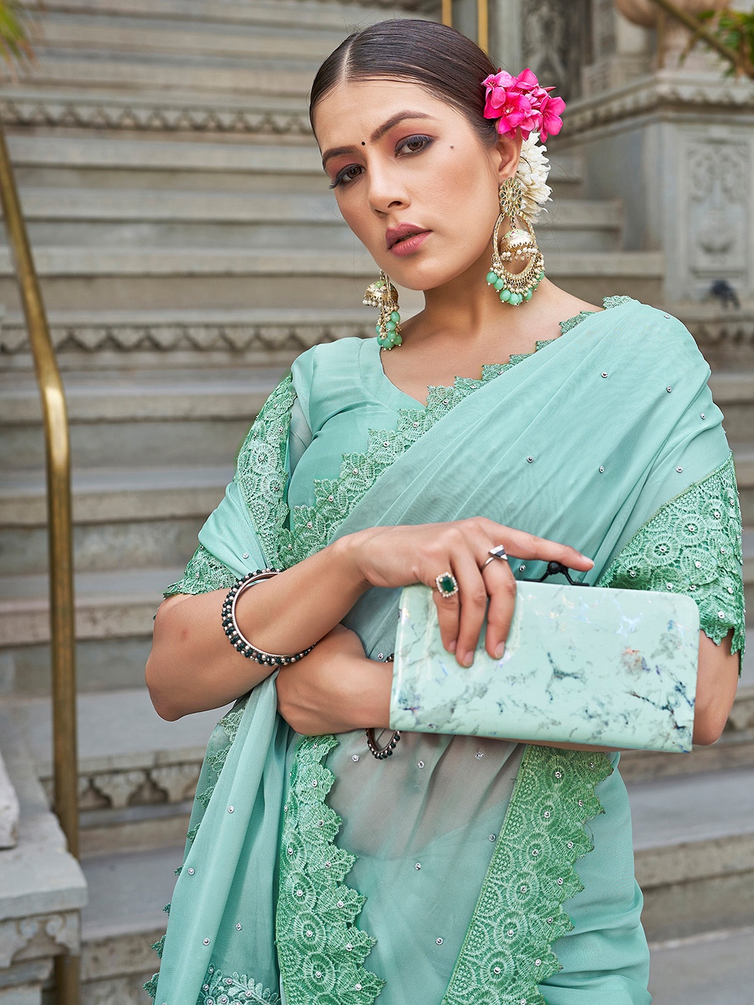 

Satrani Embellished Beads and Stones Pure Georgette Saree, Green