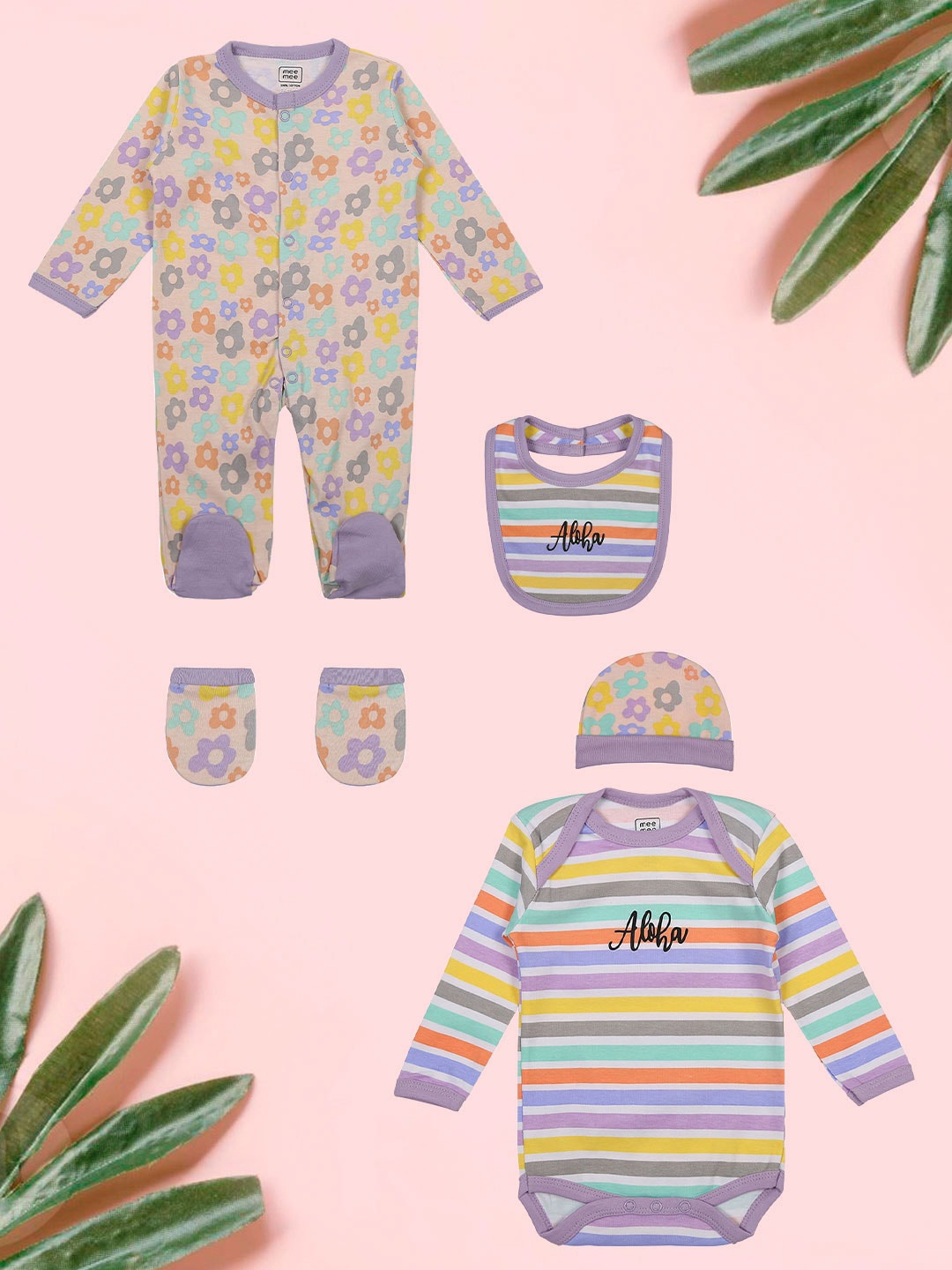 

MeeMee Infants 5-Pcs Printed Pure Cotton Baby Apparel Gift Set, Purple