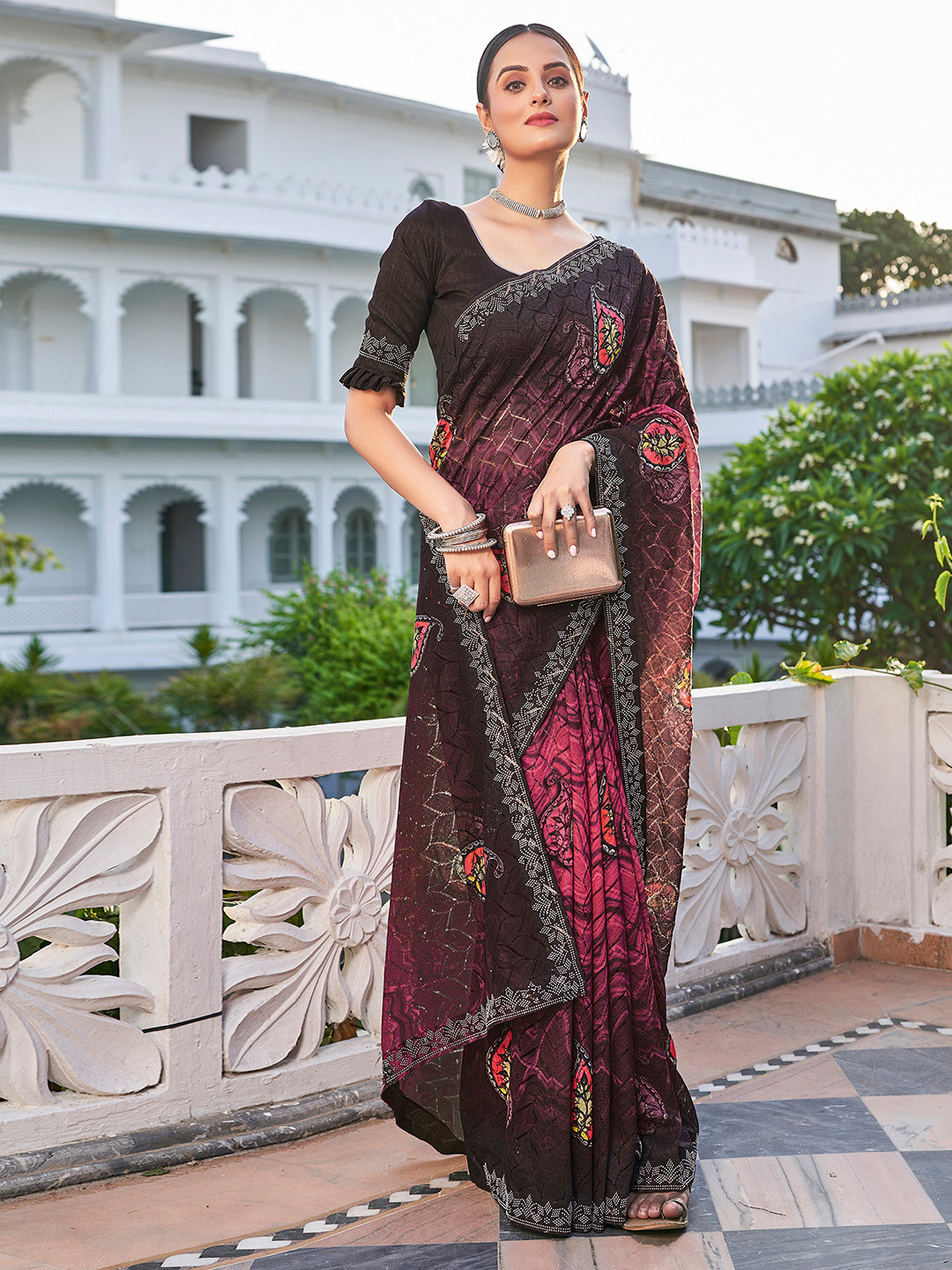 

Mitera Ethnic Motifs Beads and Stones Net Designer Saree, Pink