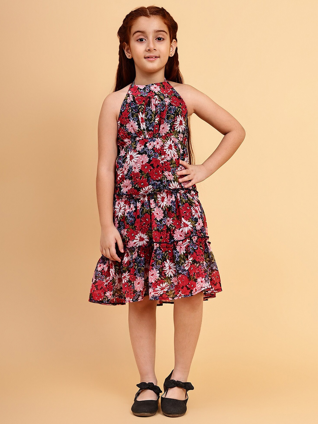 

YK Girls Floral Printed Halter Neck Gathered Fit & Flare Dress, Red