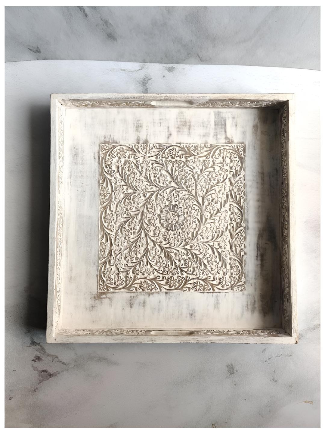 

NURTURE INDIA Off White Wooden Textured Serving Tray