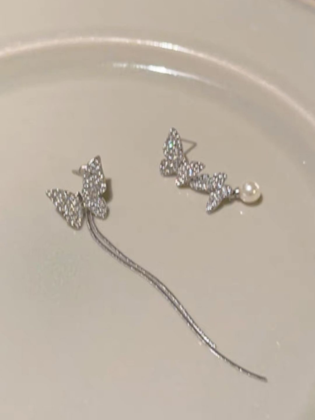 

YouBella Silver-Plated Studded & Beaded Drop Earrings