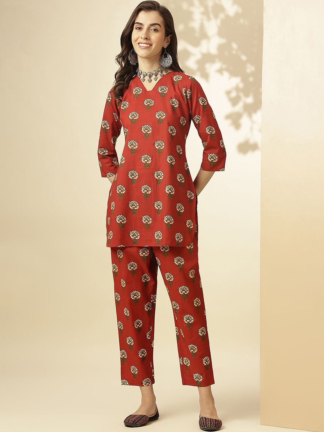 

KALINI Floral Printed V-Neck Tunic With Trousers, Red