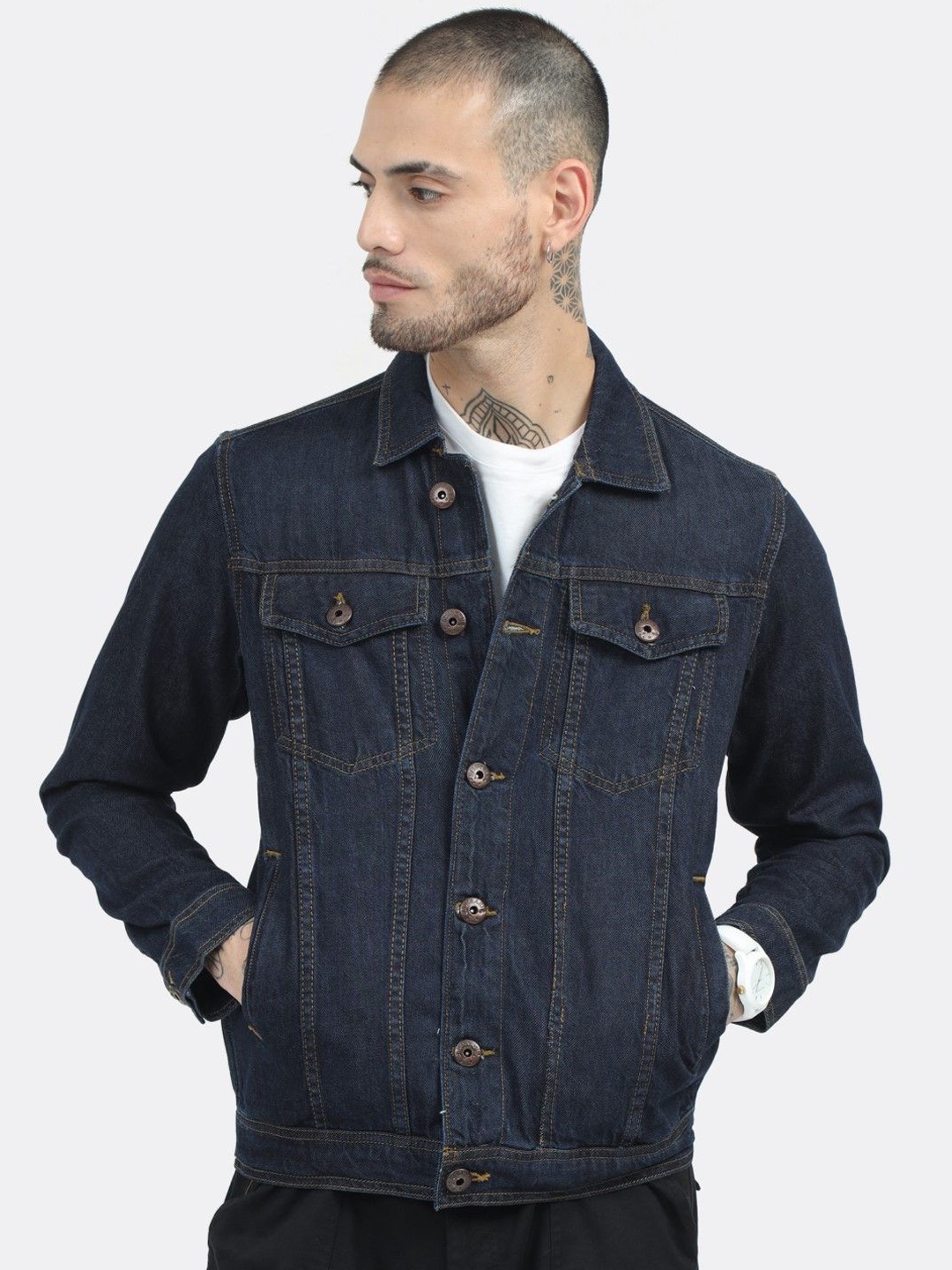 

BADMAASH Spread Collar Cotton Denim Jacket, Navy blue