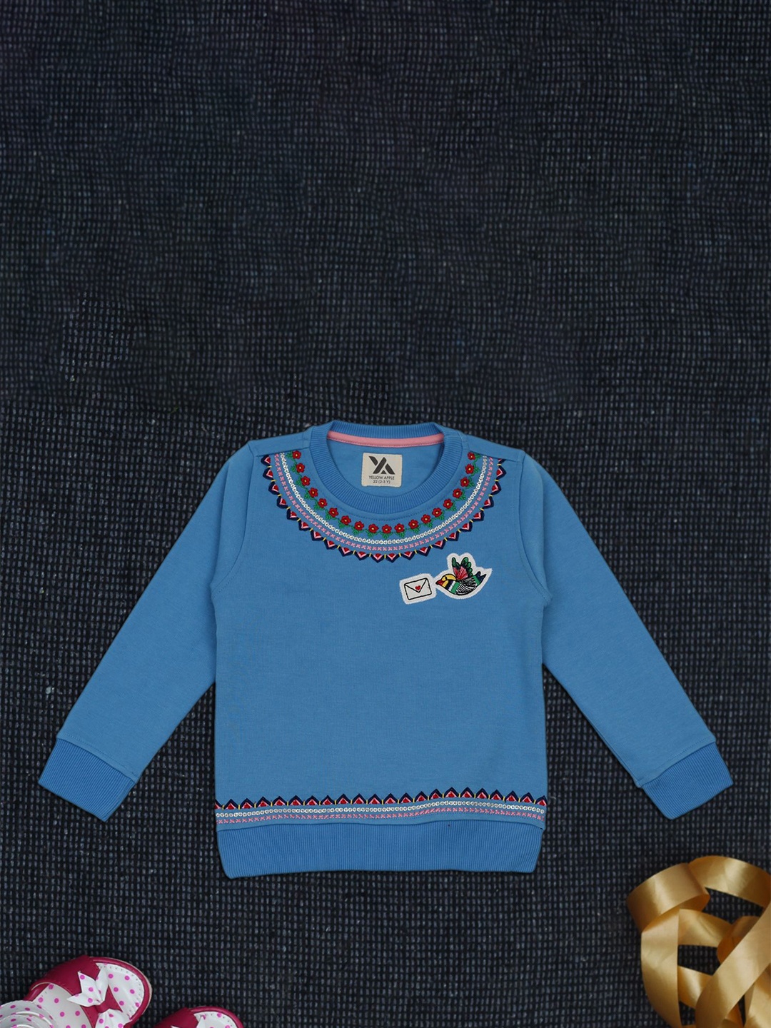 

Yellow Apple Girls Floral Embroidered Woollen Pullover Sweater, Blue