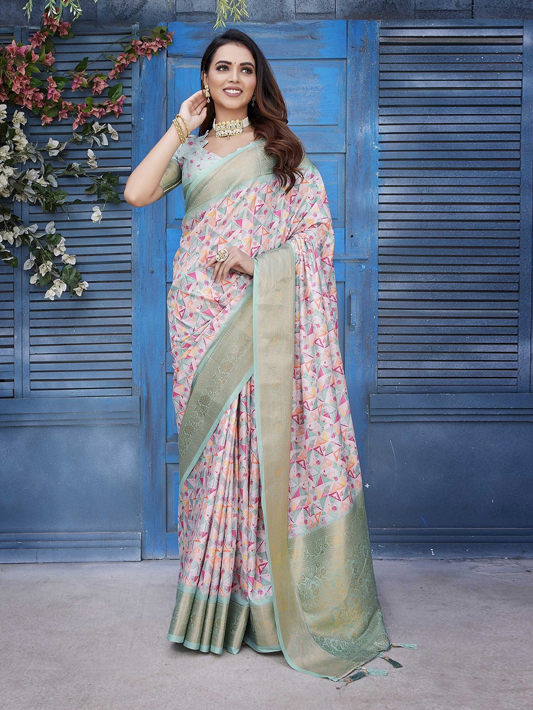 

Panzora Printed Zari Banarasi Saree, Sea green