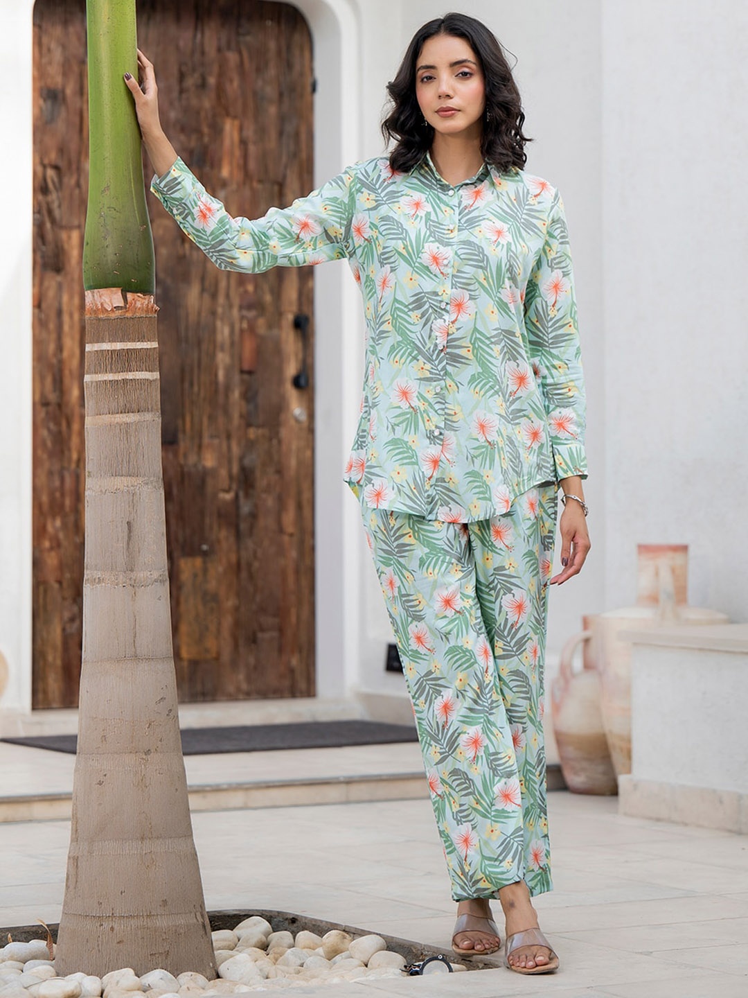 

Divena Tropical Printed Spread Collar Shirt With Trousers, Turquoise blue