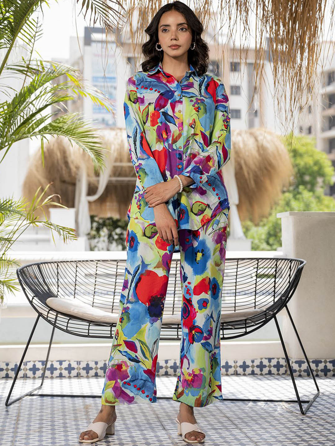 

Divena Floral Printed Long Sleeves Casual Shirt With Trousers, Blue