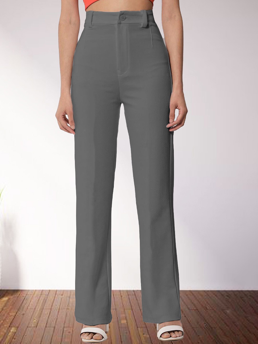 

N N ENTERPRISE Women Relaxed High-Rise Easy Wash Trousers, Grey