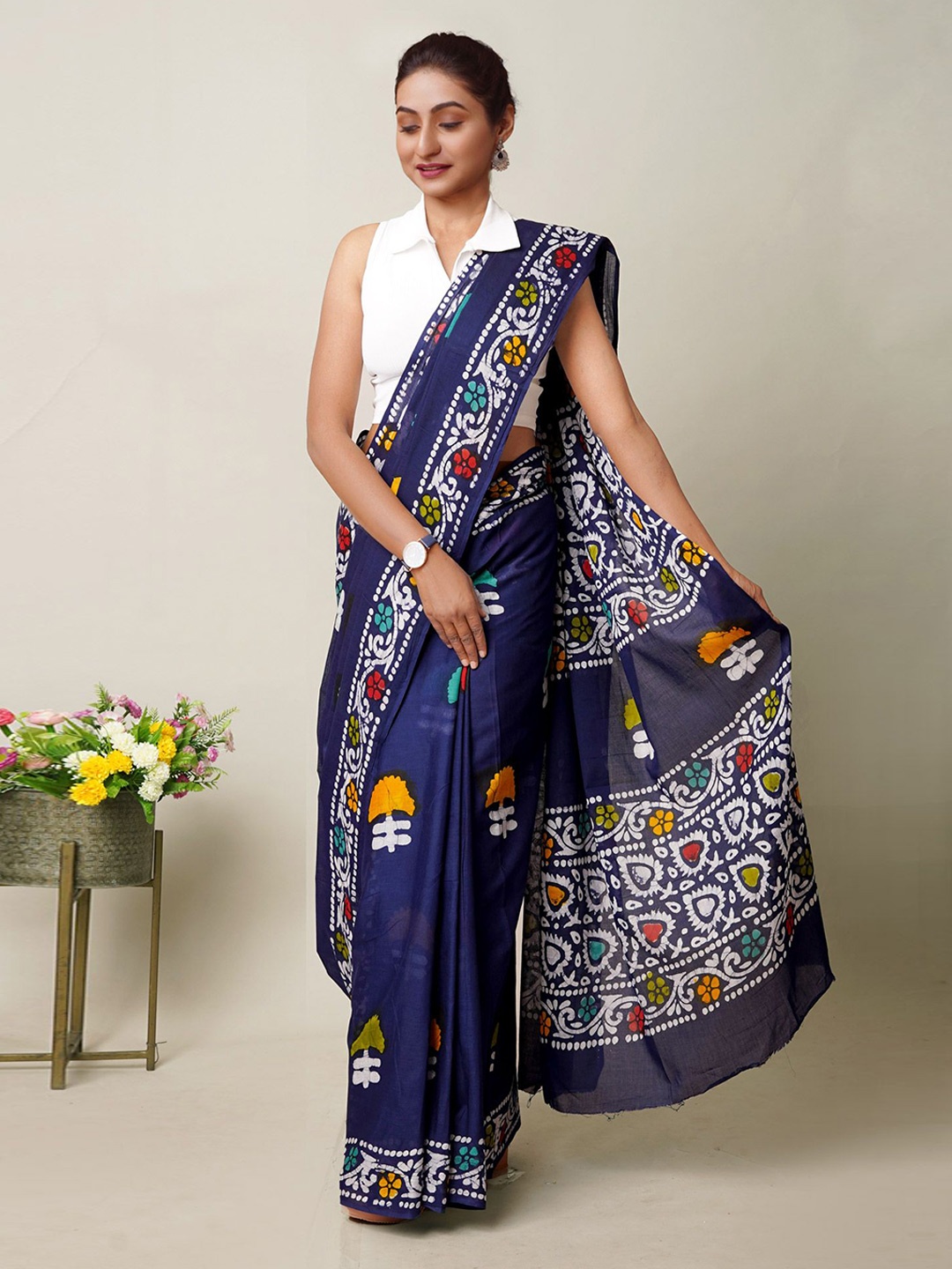 

Unnati Silks Batik Pure Cotton Saree, Navy blue