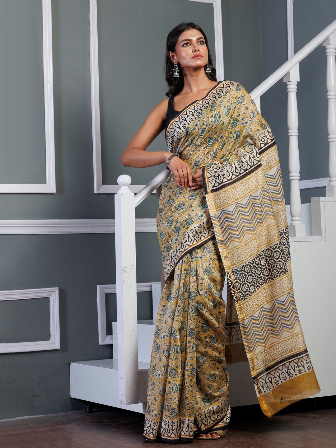 

Unnati Silks Kalamkari Handloom Bagru Chanderi Saree, Yellow