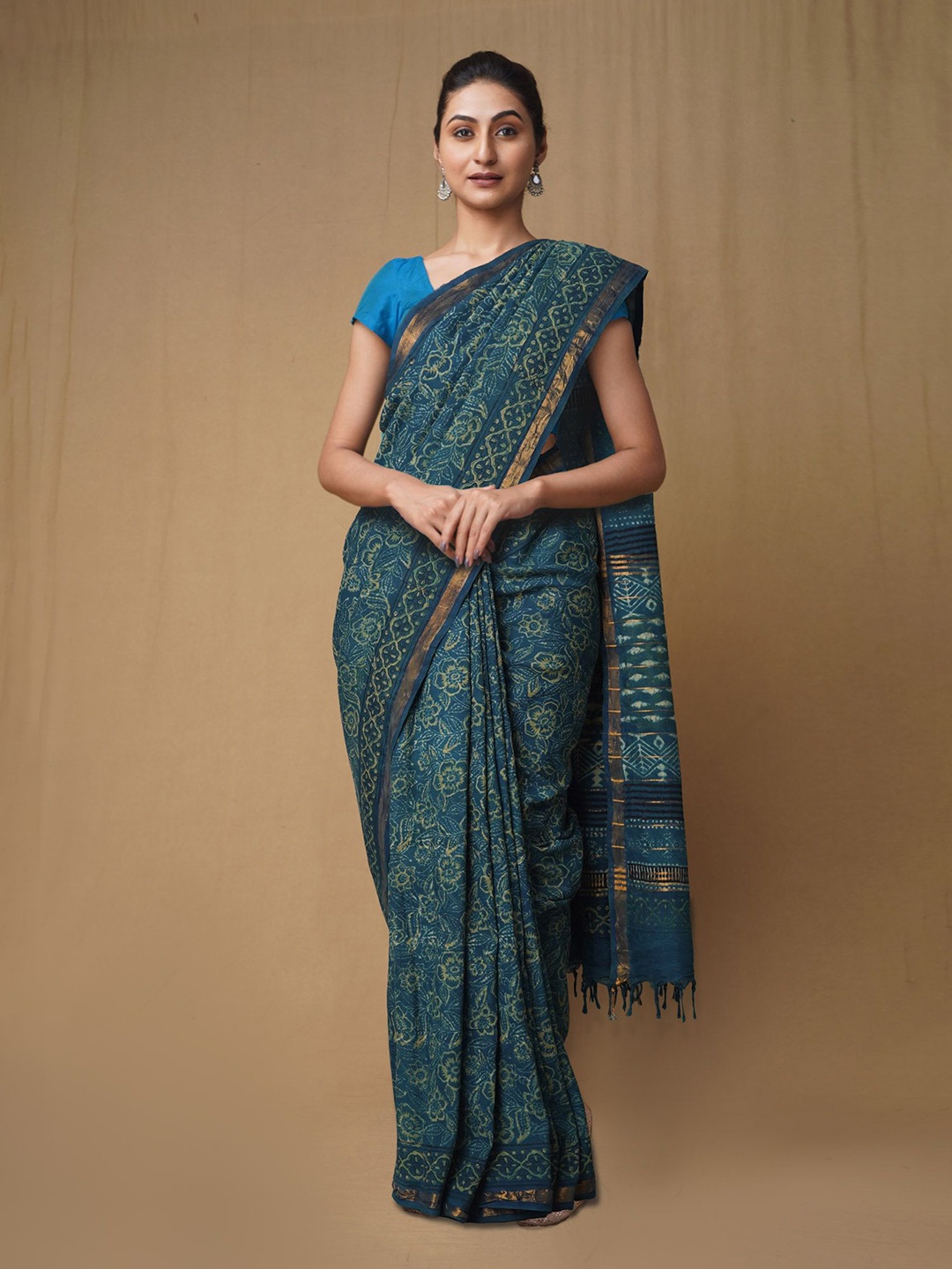 

Unnati Silks Ajrak Block Pure Silk Handloom Chanderi Saree, Blue