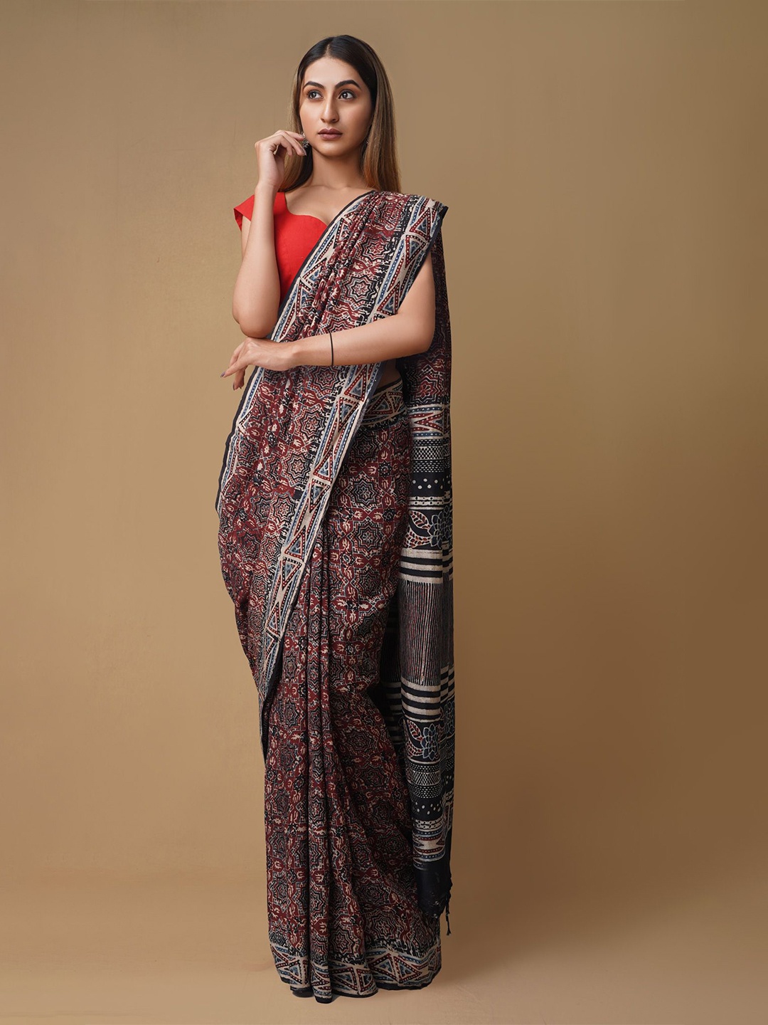

Unnati Silks Ajrak Block Pure Silk Handloom Saree, Brown