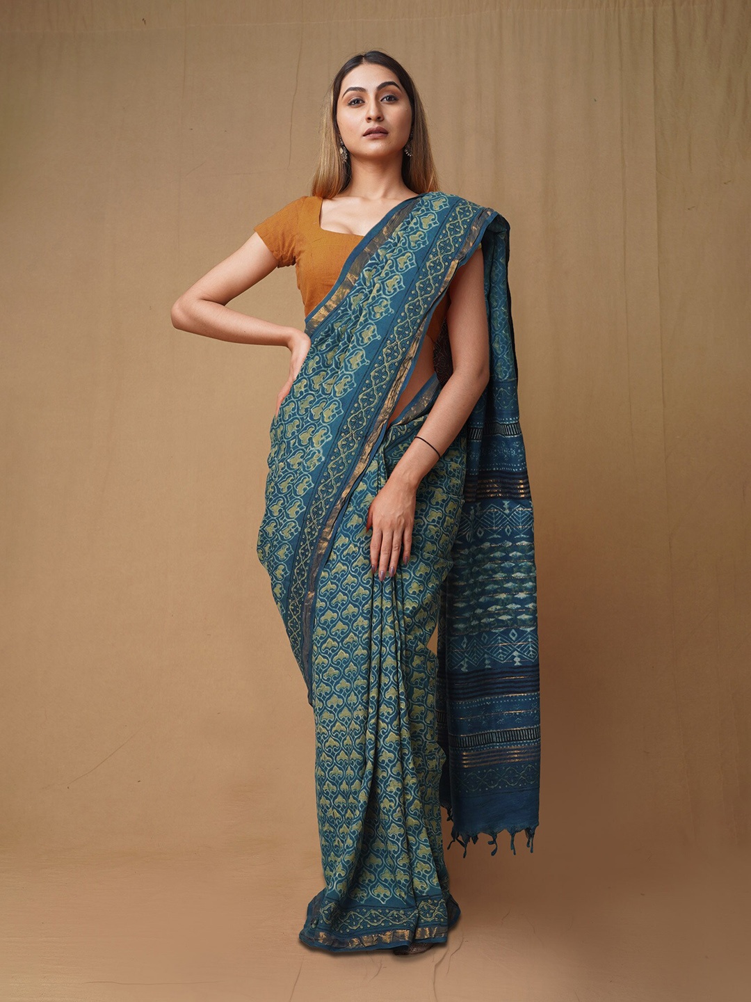 

Unnati Silks Ethnic Motifs Zari Pure Silk Handloom Chanderi Saree, Blue