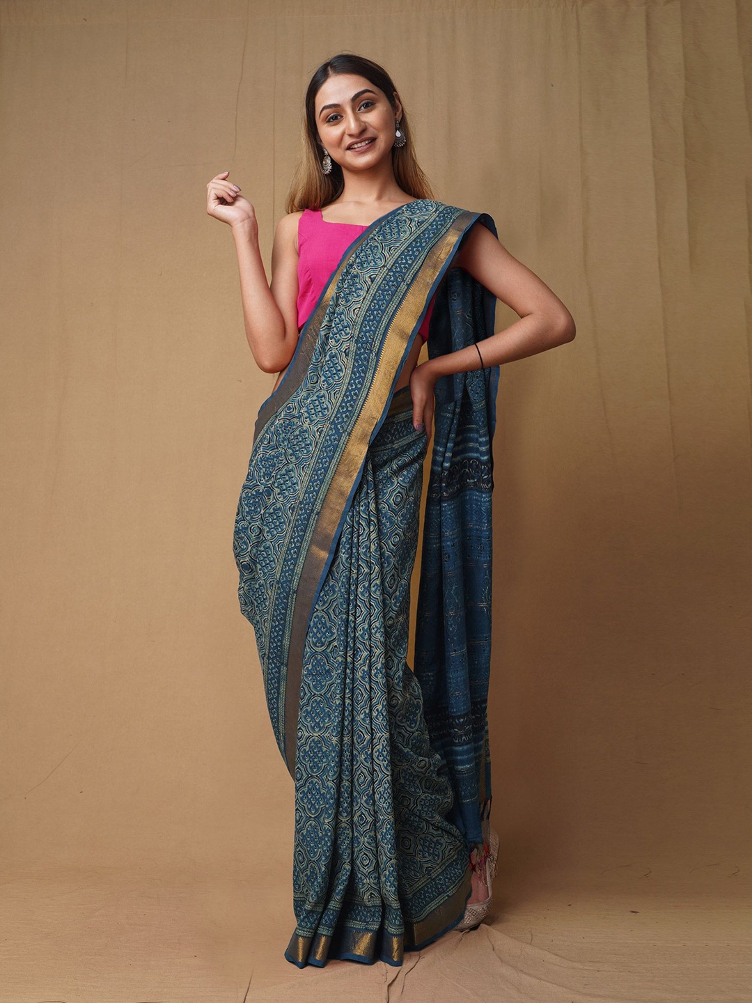 

Unnati Silks Ajrak Block Zari Pure Silk Handloom Chanderi Saree, Blue