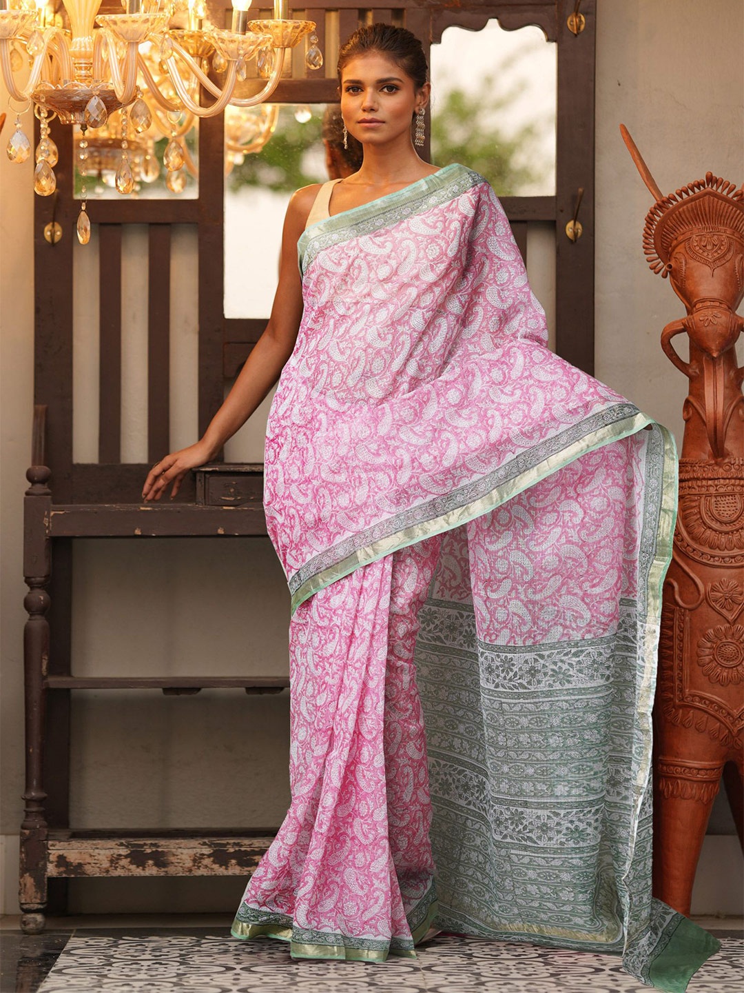 

Unnati Silks Ethnic Motifs Zari Handloom Kota Saree, Pink
