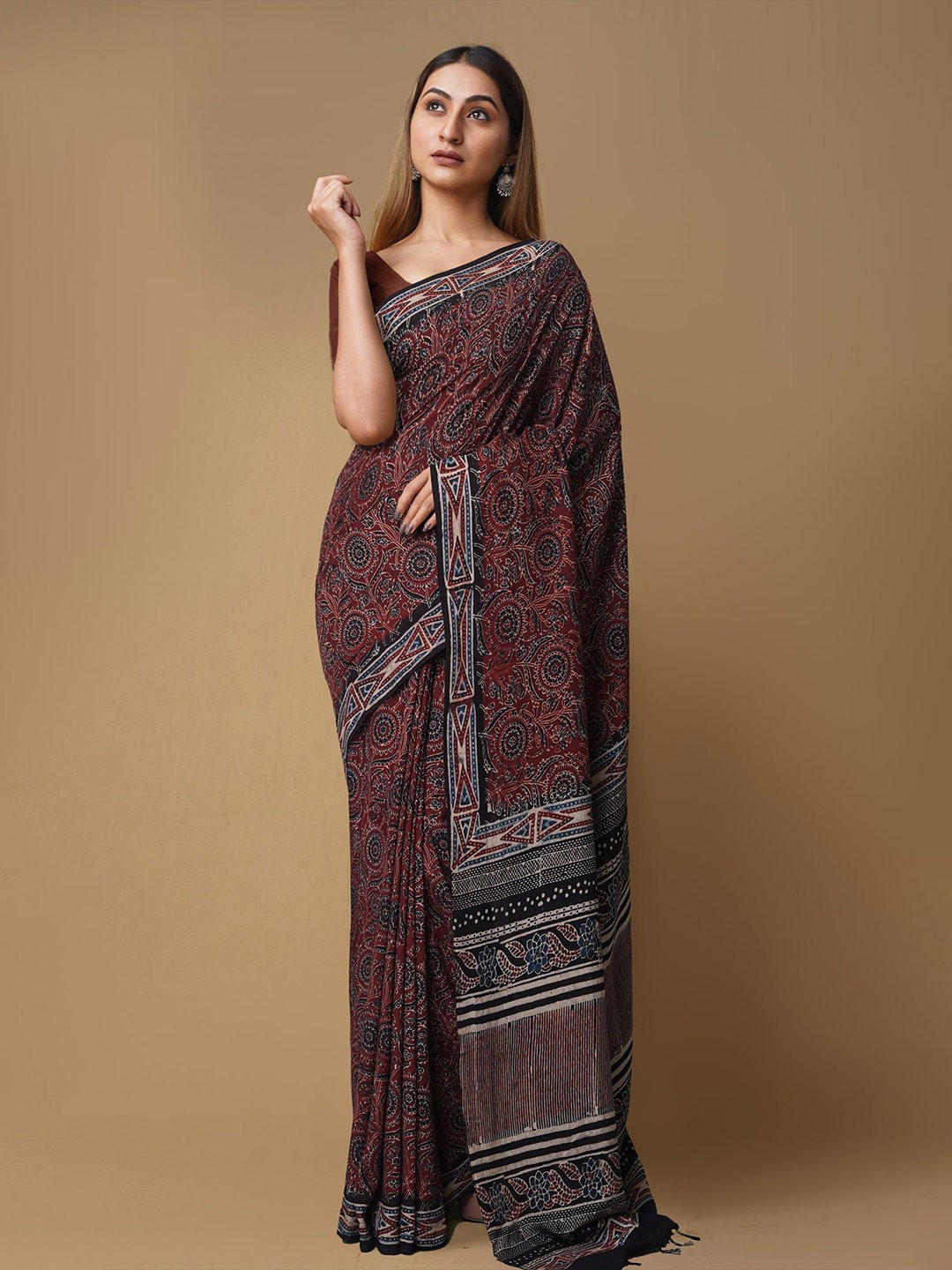 

Unnati Silks Ajrak Block Pure Silk Handloom Chanderi Saree, Brown