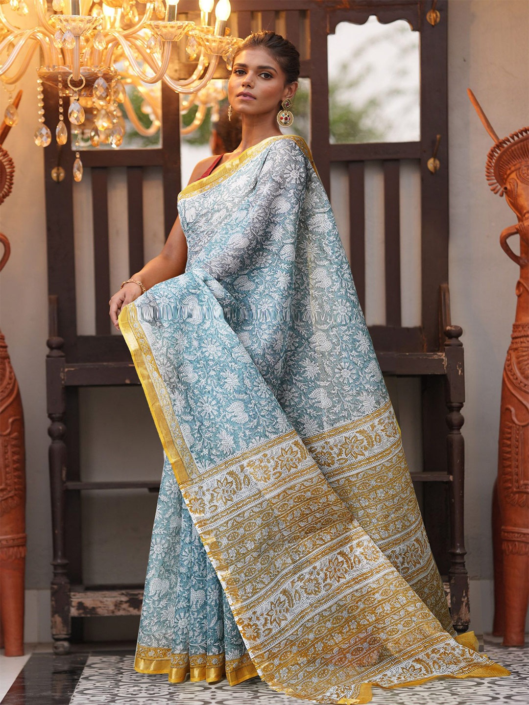 

Unnati Silks Ethnic Motifs Zari Handloom Kota Saree, Blue