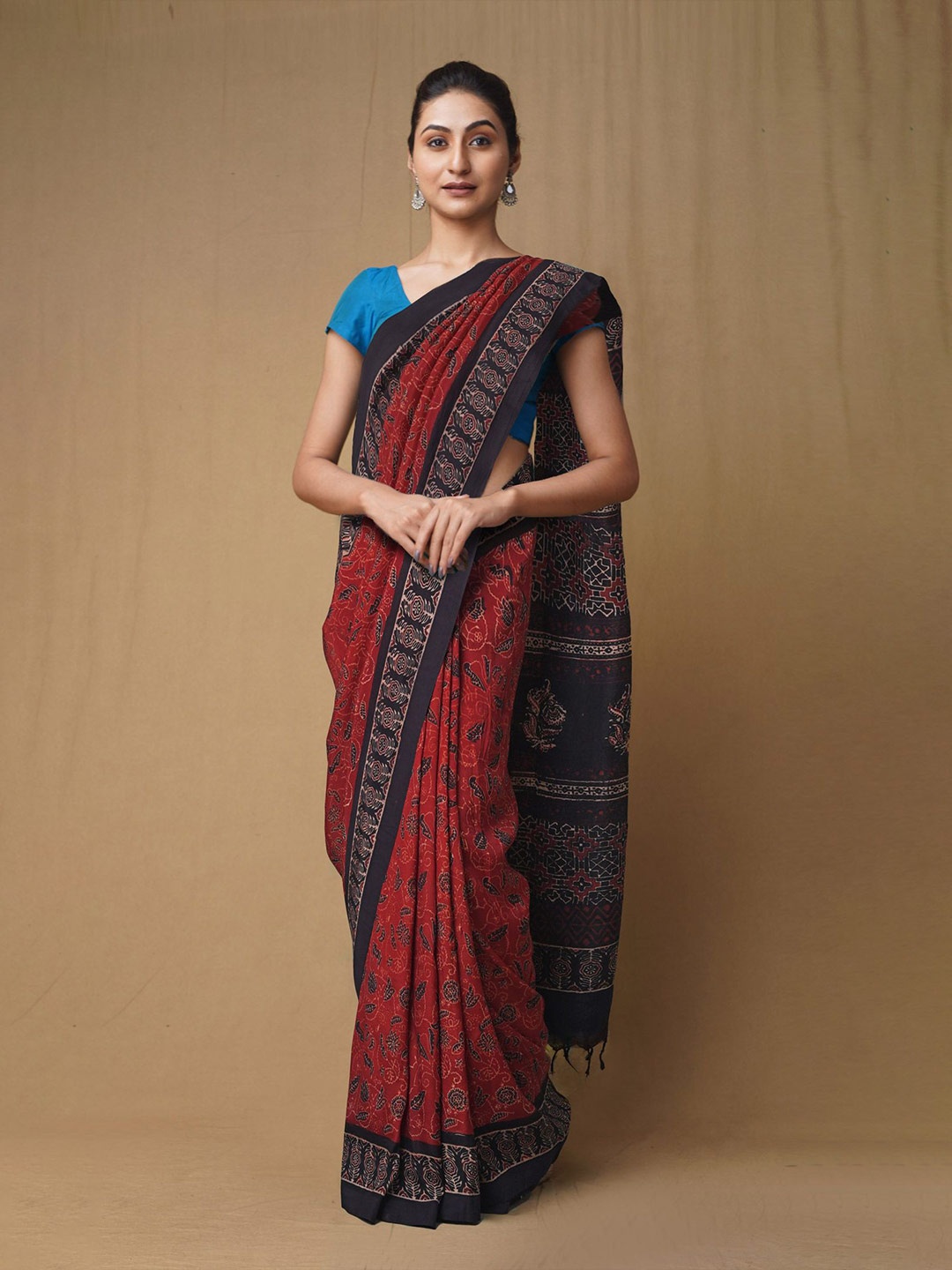 

Unnati Silks Ajrak Block Pure Silk Handloom Chanderi Saree, Maroon